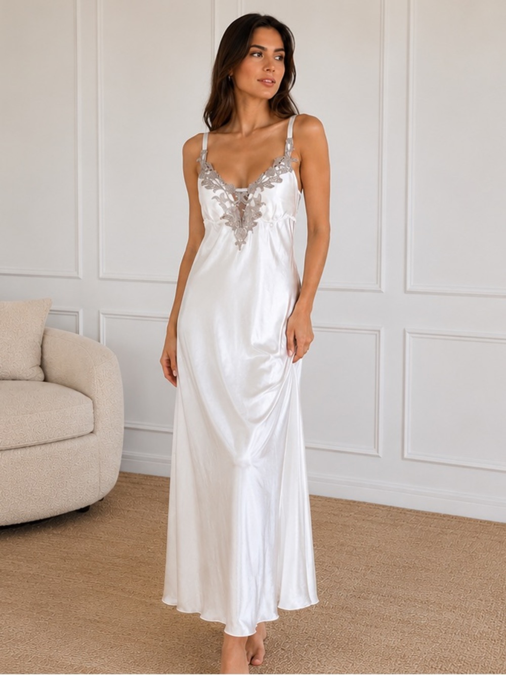 Flora By Flora Nikrooz White Satin Lace Trim Nightgown